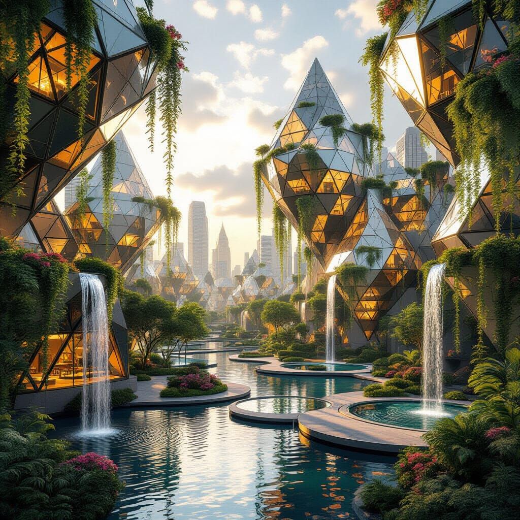 Geometric City Overgrown with Lush Flora in Golden Hour