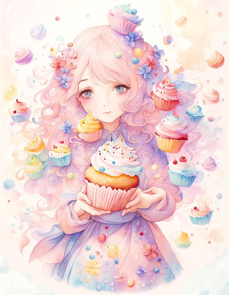 Girl with Cupcake in Pastel Watercolor Style