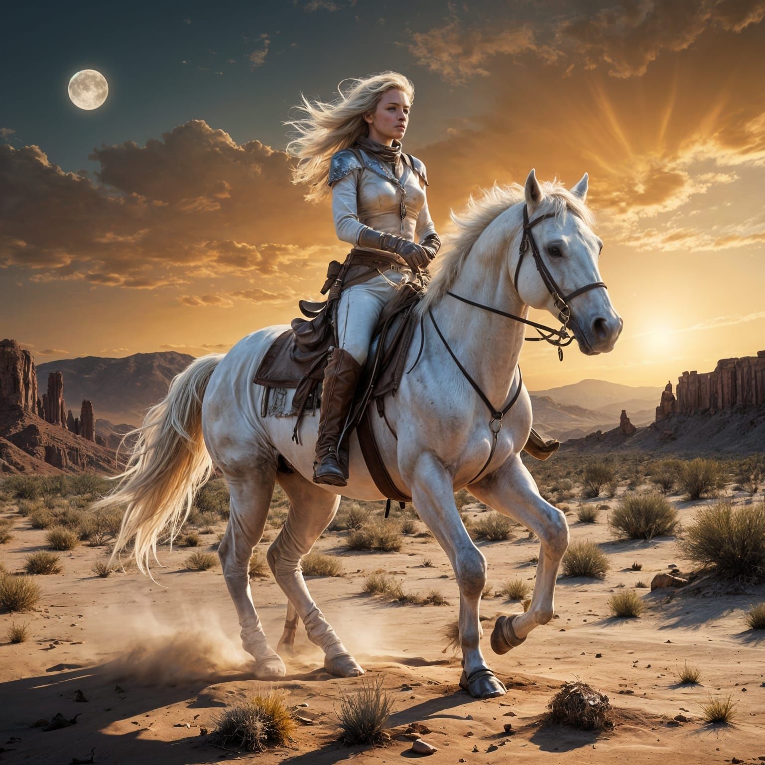 Ethereal Cowgirl on Spectral Horse in Surreal Desert