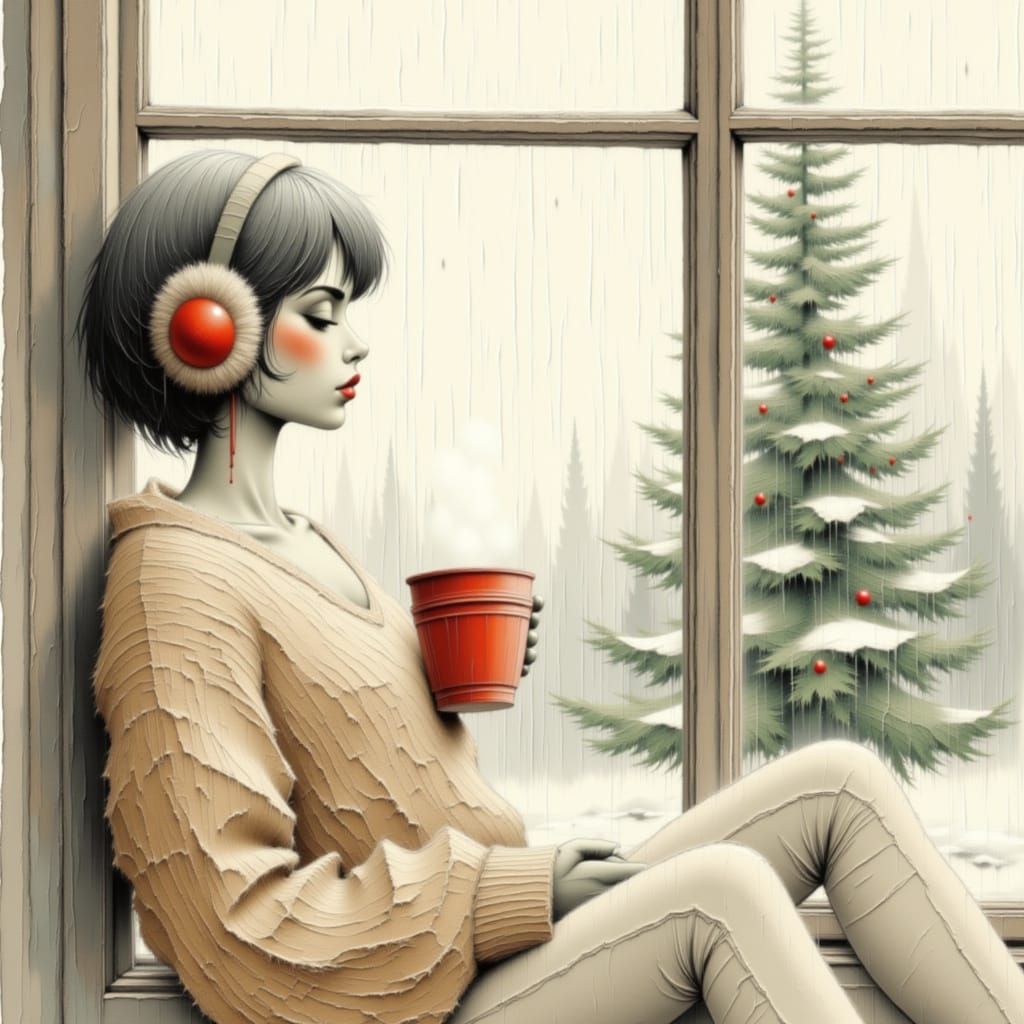 Cozy Watercolor Christmas Scene with Woman and Hot Drink