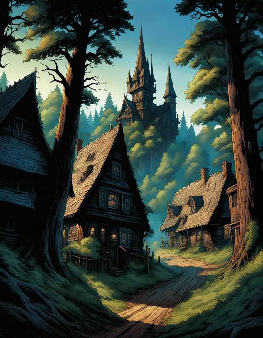 Sinister Medieval Town at Forest Edge in Comic Book Art