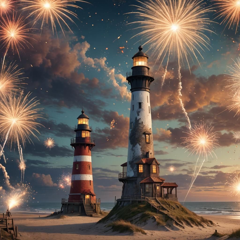 Wangerooge Lighthouse with Mermaid and Fireworks
