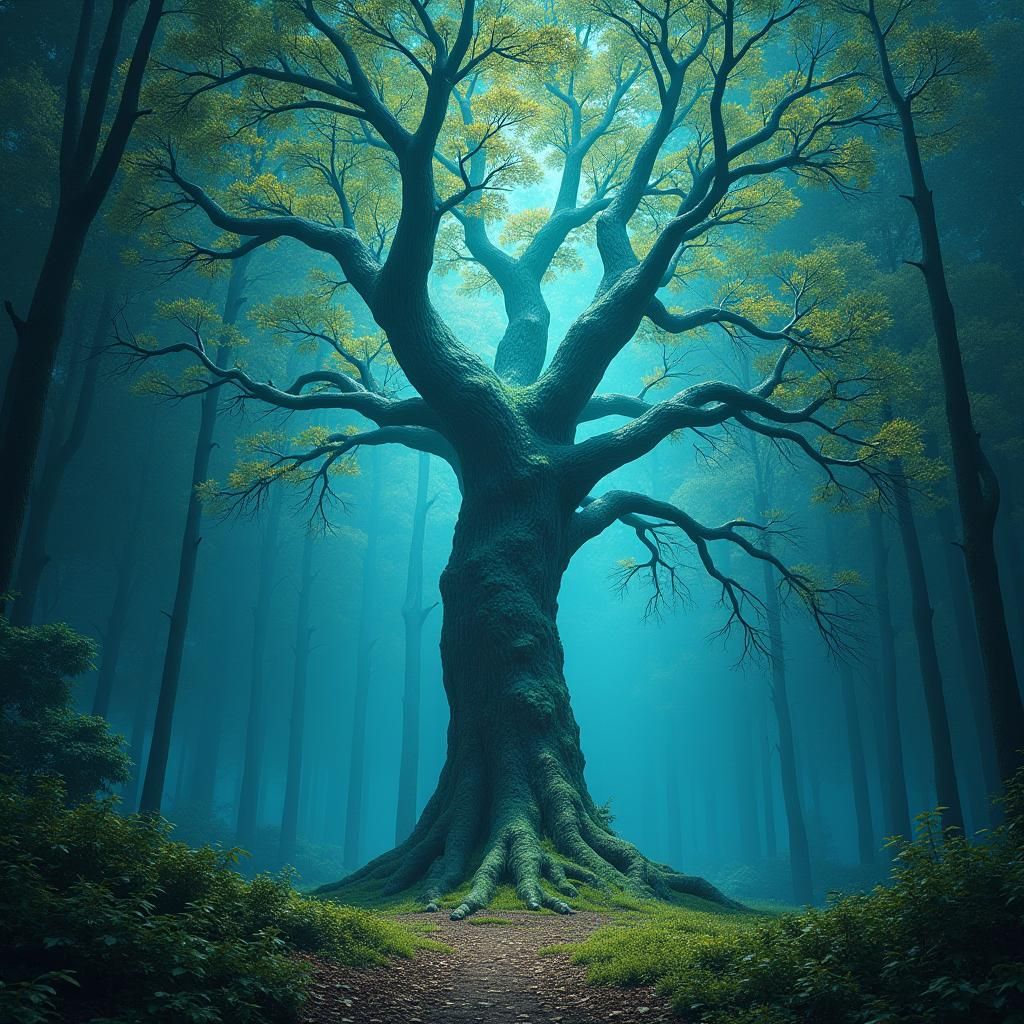 Ethereal Glowing Tree in Lush Forest, Fantasy Concept Art