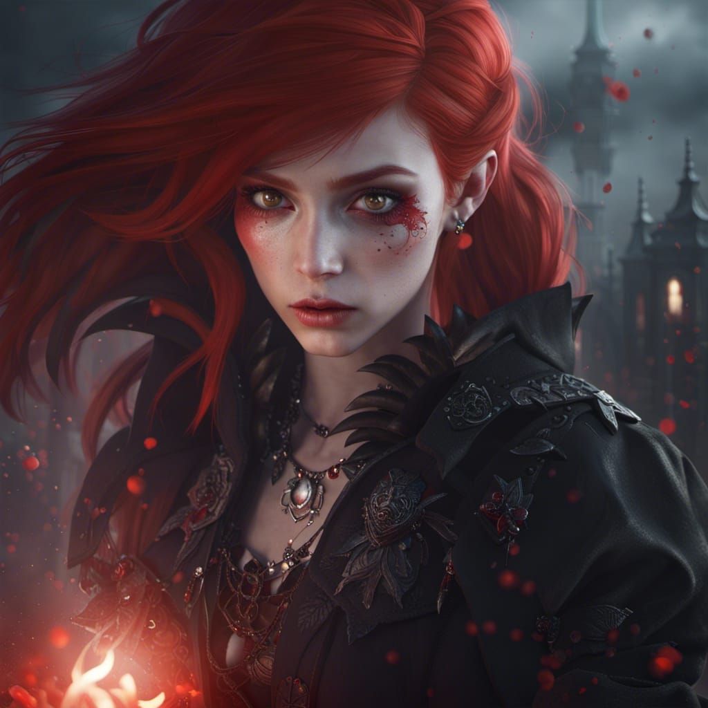 Gothic Red-Haired Girl Under Blood Moon
