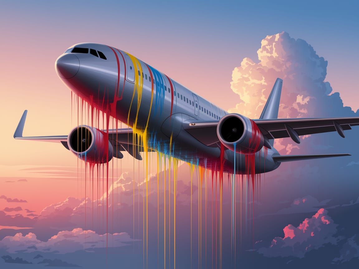 Airplane Mid-Flight Amidst Colorful Paint Drips