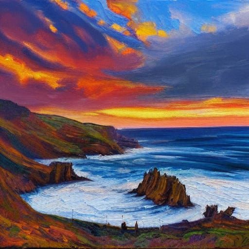 Impressionist Oil Painting of Dramatic Sunset Over Ocean