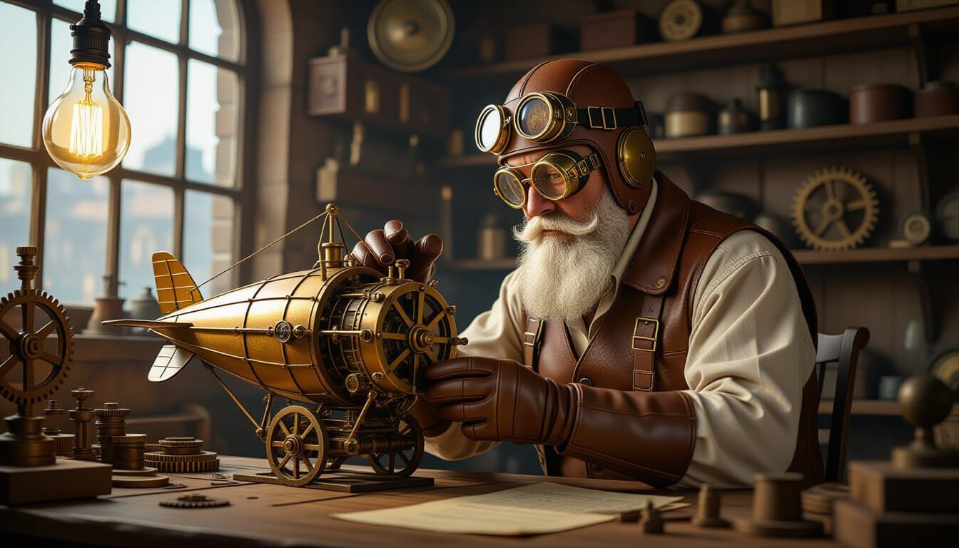 Steampunk Engineer Tweaks Miniature Airship Engine