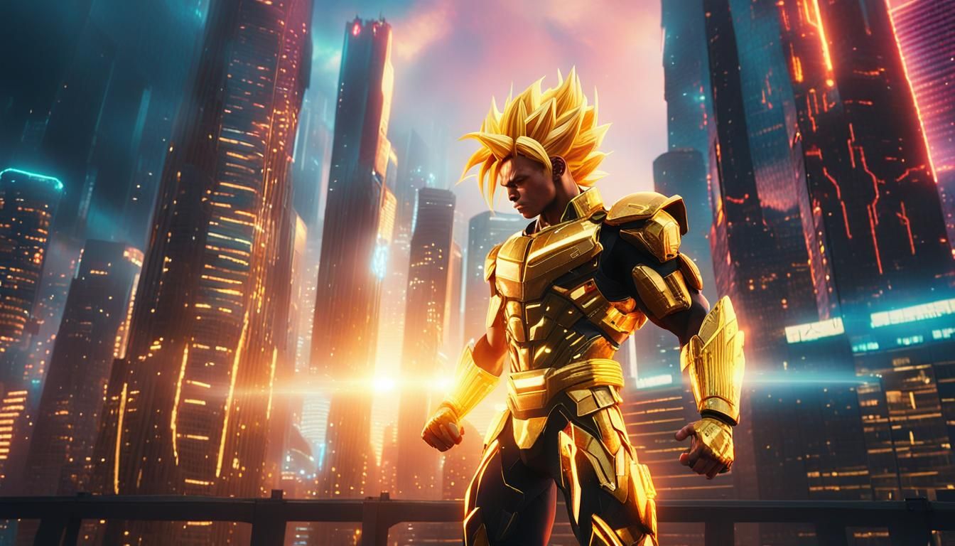 Super Saiyan Warrior Flexing in Cyberpunk City
