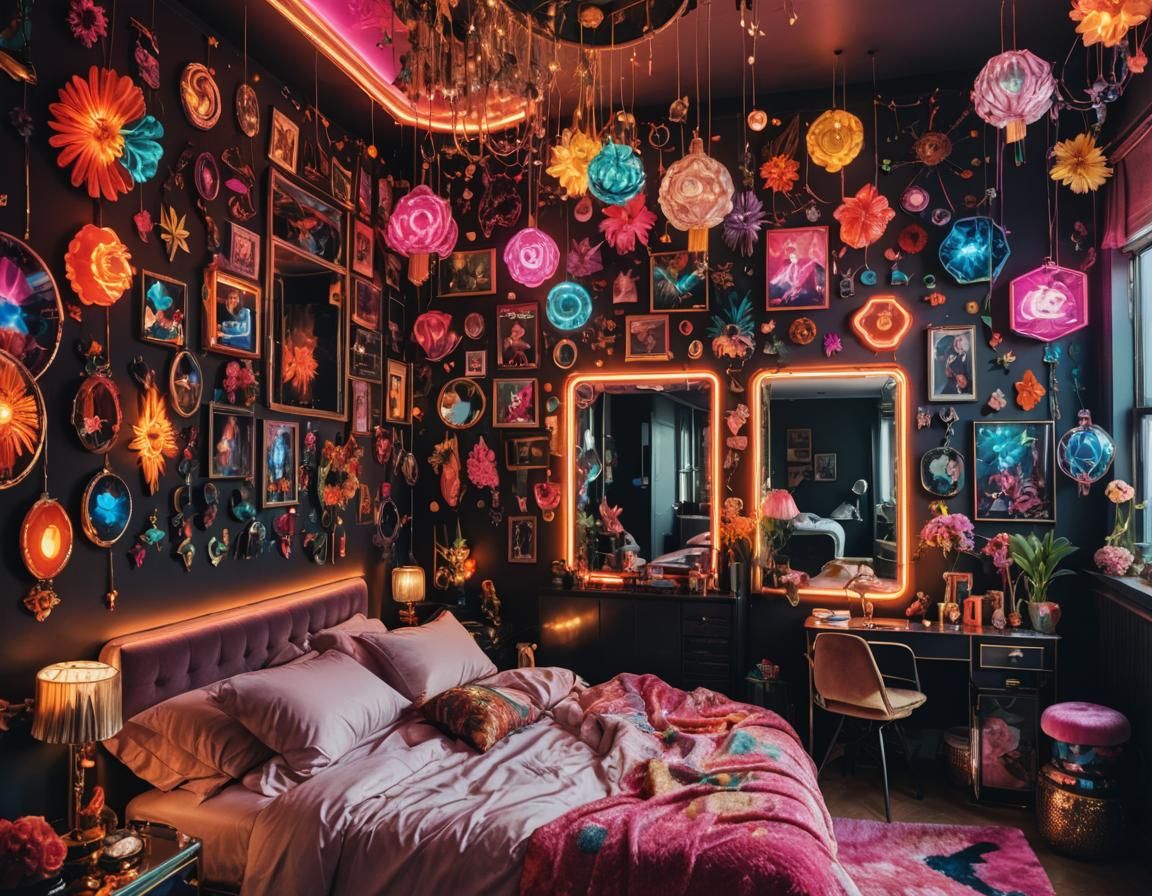 Colourful Maximalist Bedroom with Neon Decor