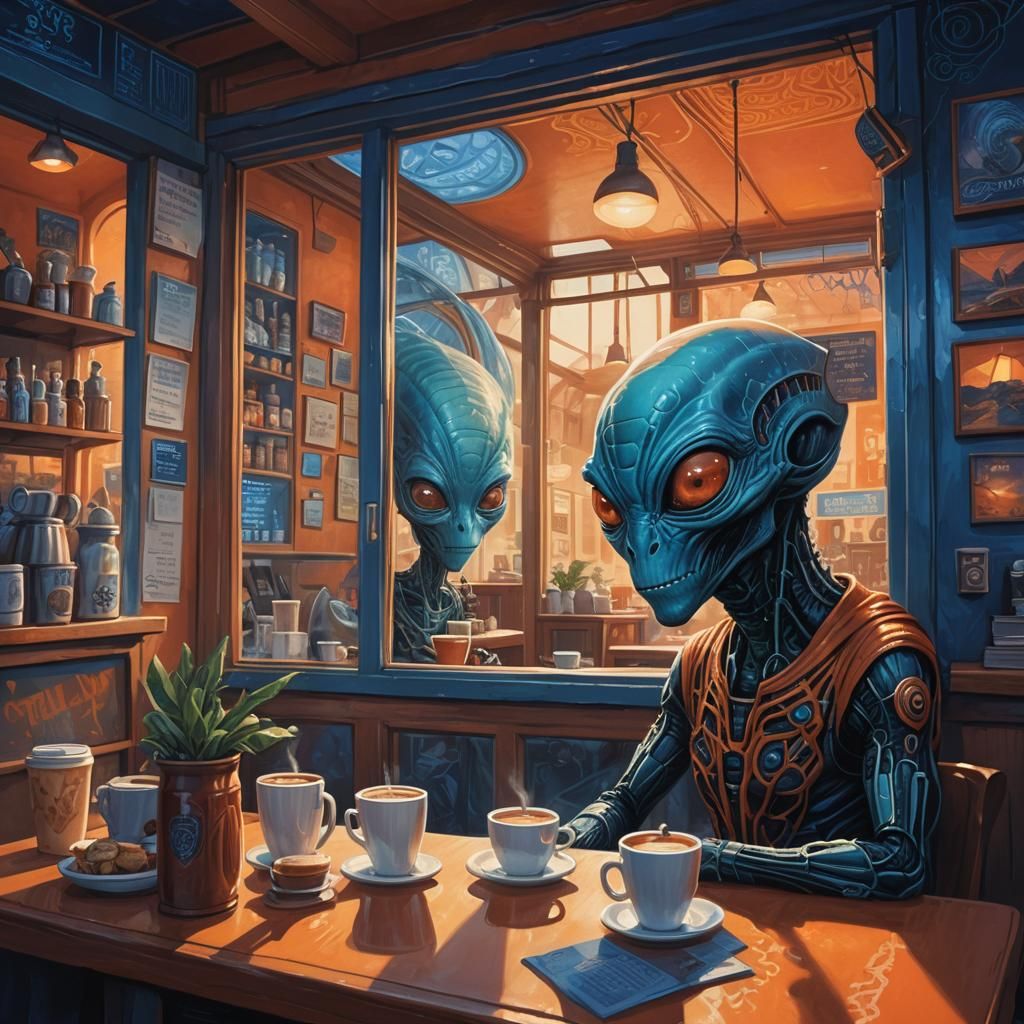 A digital scene of a quiet coffee shop, where a cheeky alien peeks through the window.