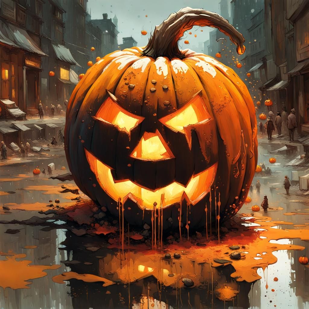 Halloween Carved Pumpkin in Expressive Oil Painting Style