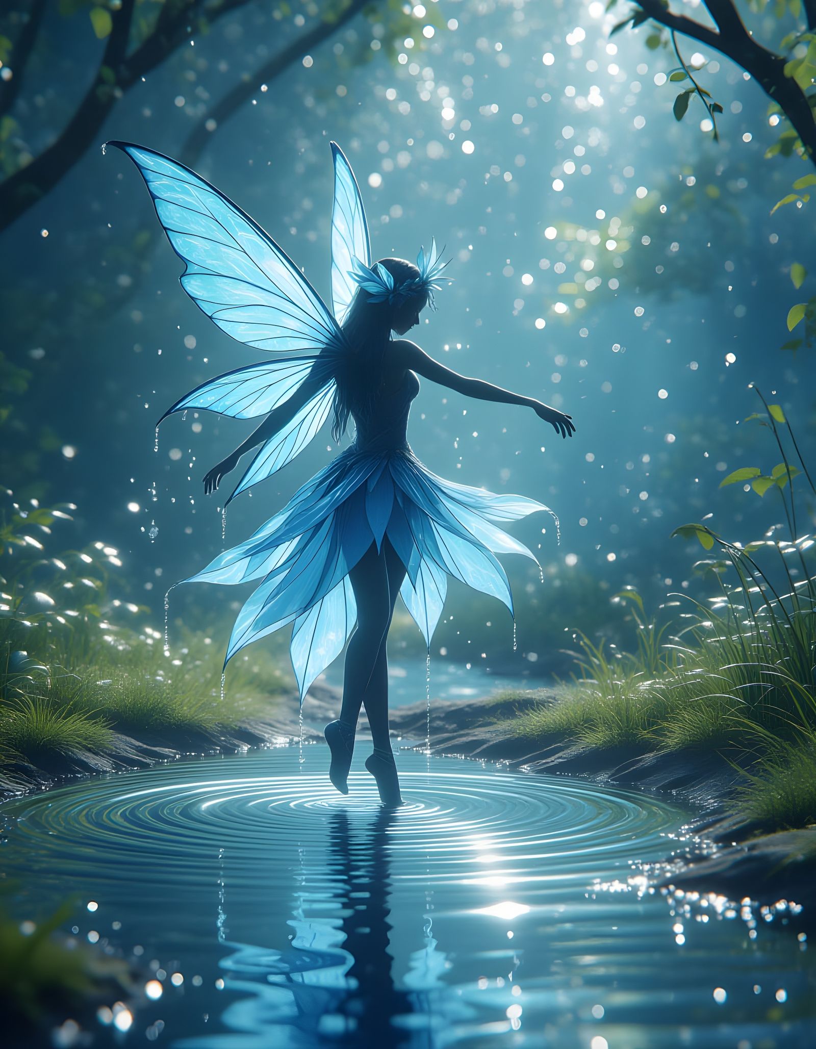 Water Fairy Dancing in Puddle, Fantasy Concept Art