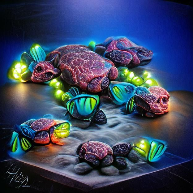 Bioluminescent Turtles on Coral Reef in Neon 3D