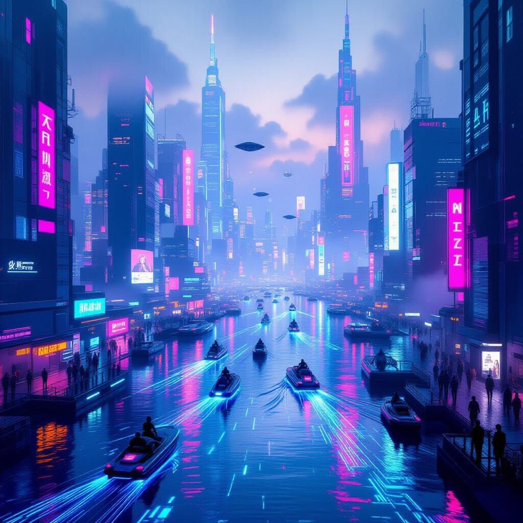 Futuristic Cityscape with Luminescent Data River