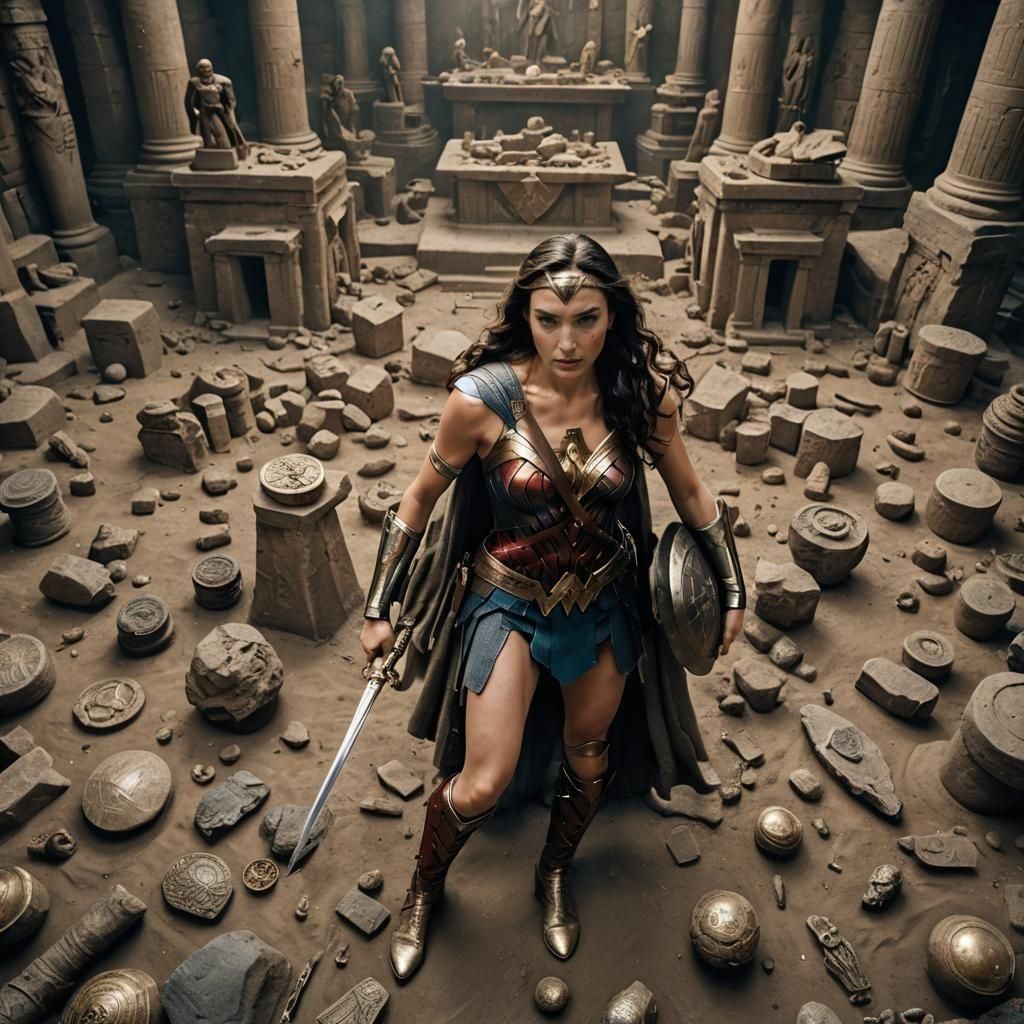 Wonder Woman Surrounded by Ancient Artifacts: Detailed Photo