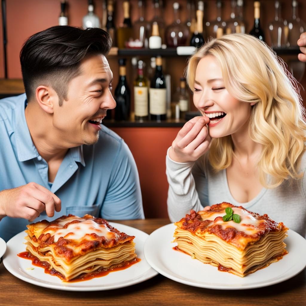 Couple Sharing Lasagna in Restaurant