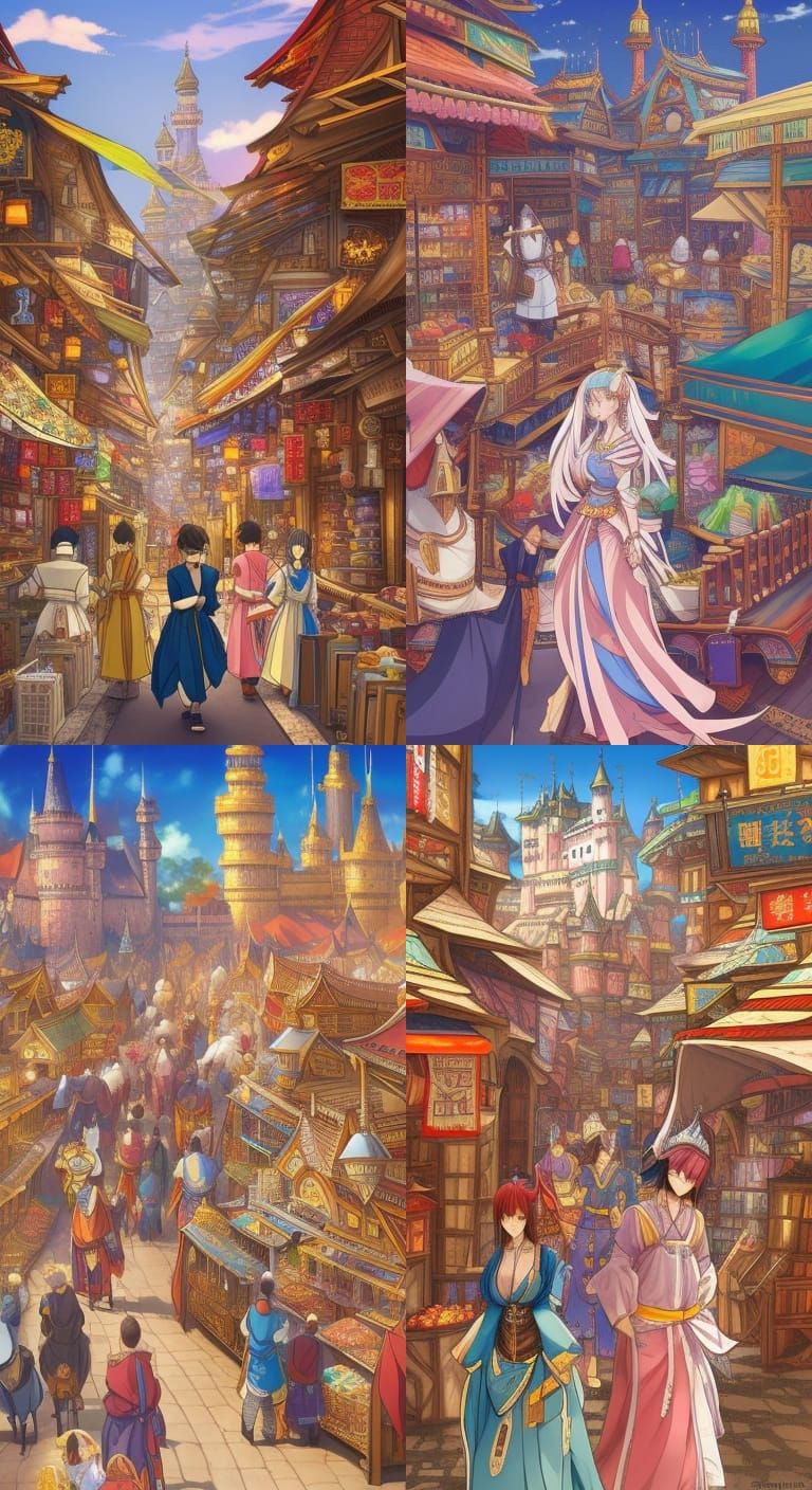 Bustling Medieval Marketplace in Anime Style