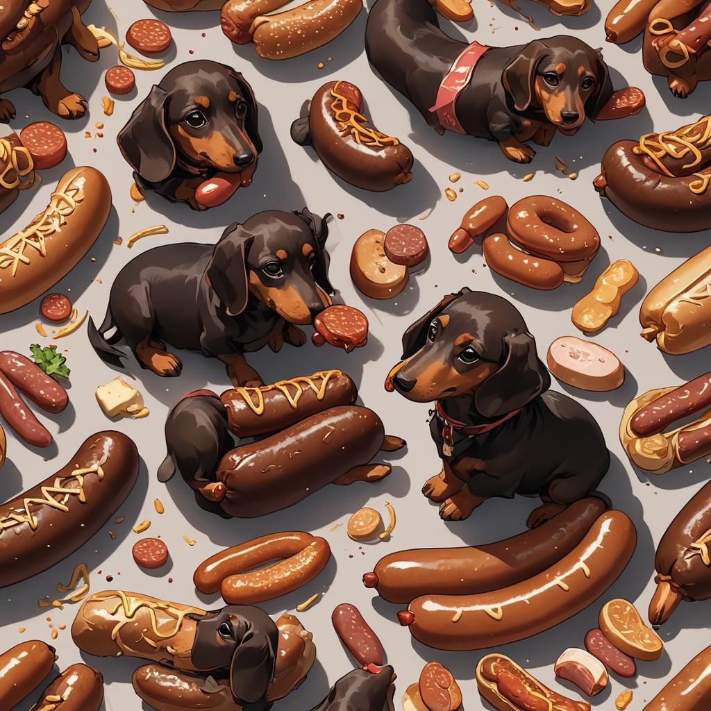 Two Dachshunds Share a Sausage in 3D Anime Art