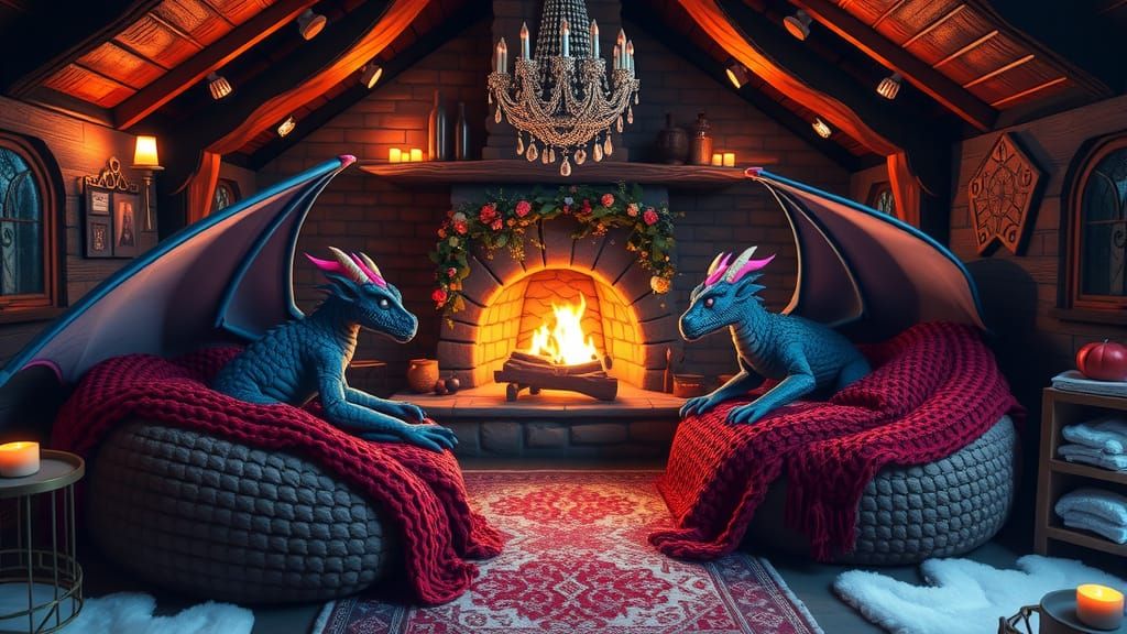 Cozy Dragon Lair with Warm Fireplace and Comfy Beanbag Beds