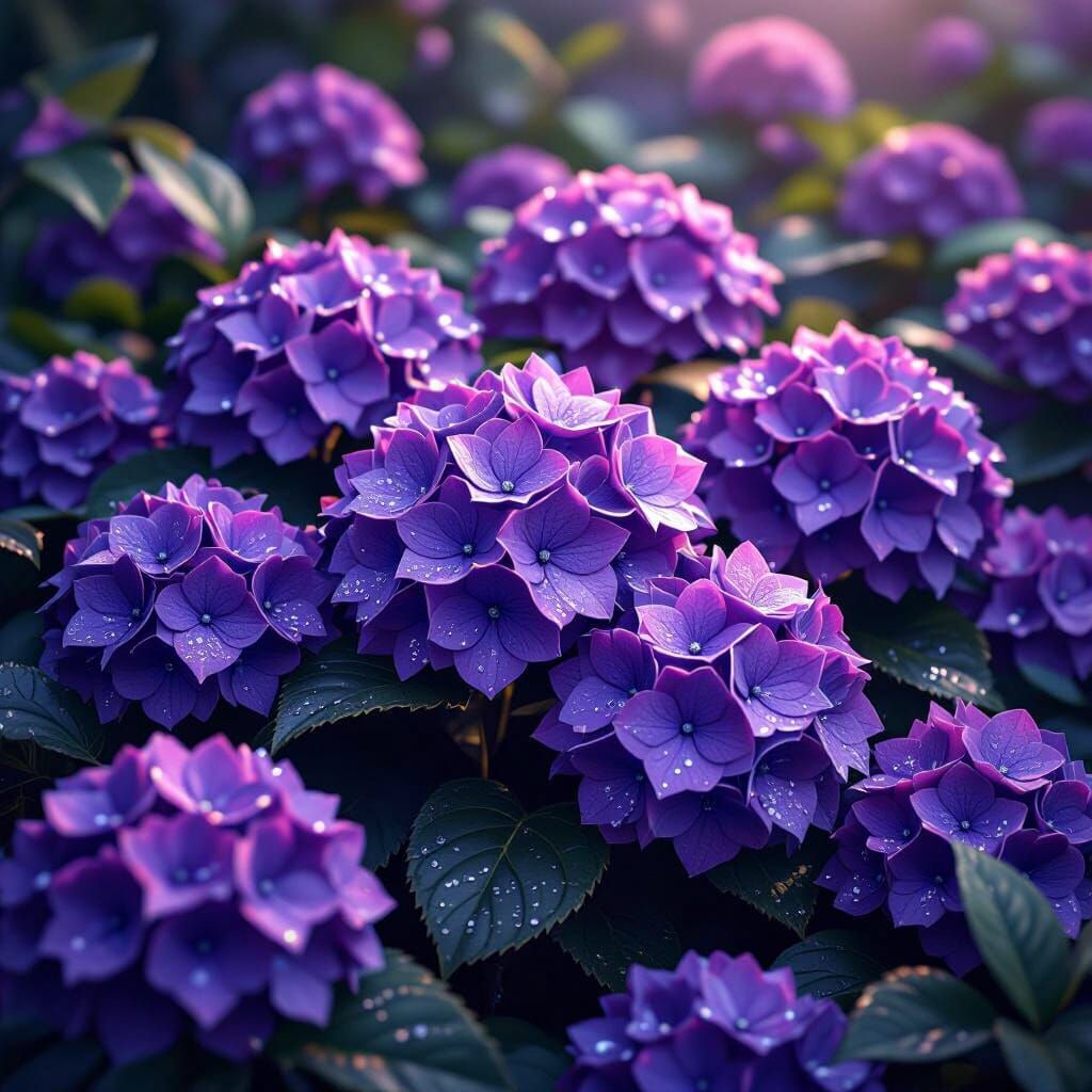 Vibrant Purple Hydrangeas in Dewy Matte Painting Style