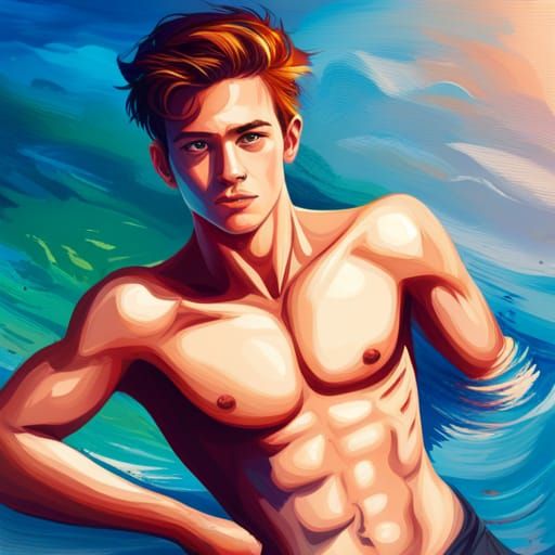 Shirtless Teen at Beach in Splash Art Style