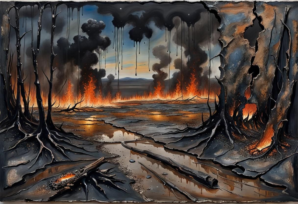 (by Anselm Kiefer:1.0) (earth, iron sheet sky, sparse fires,...