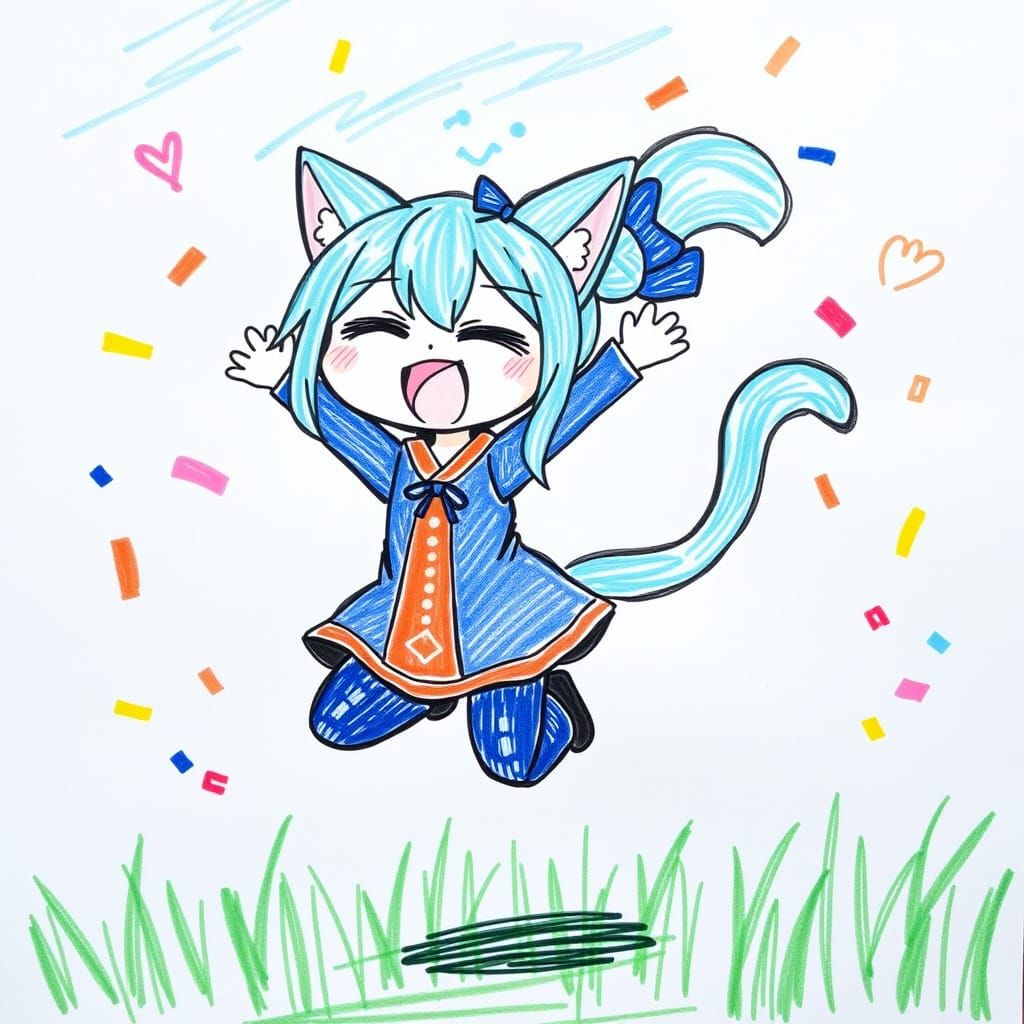 Cute Anime Catgirl Crayon Drawing on Blue Paper
