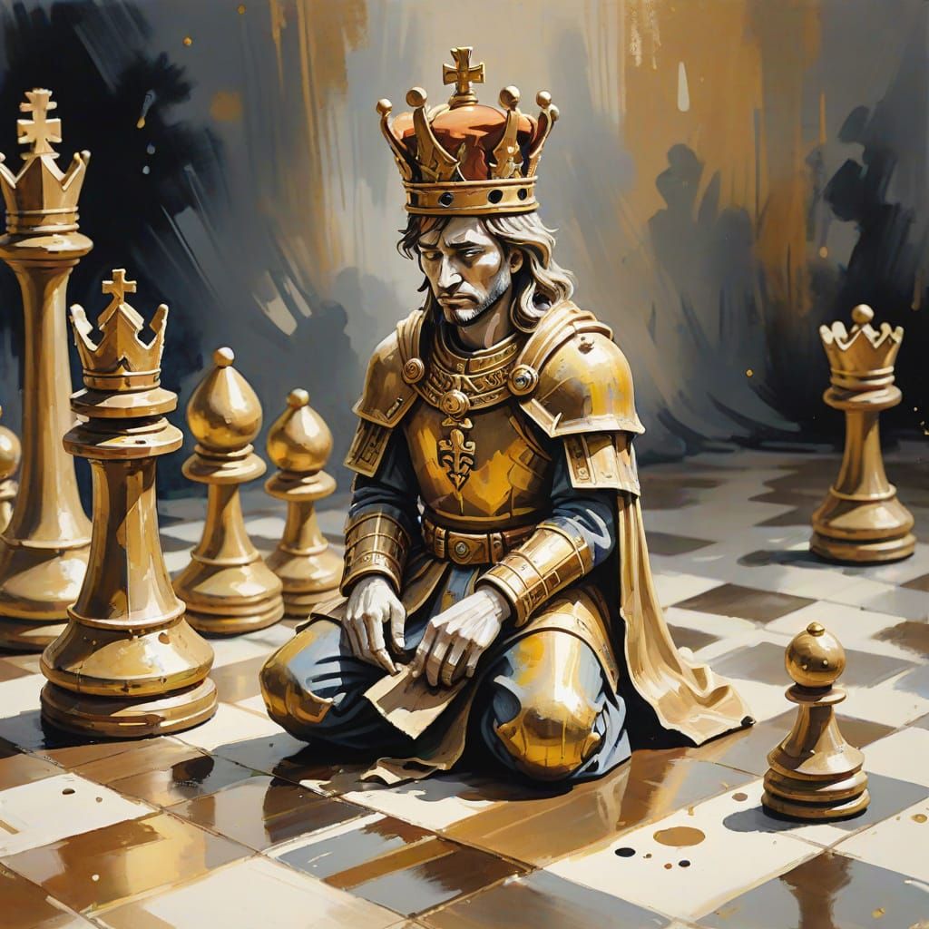 Defeated King in Gouache Painting With Fallen Crown