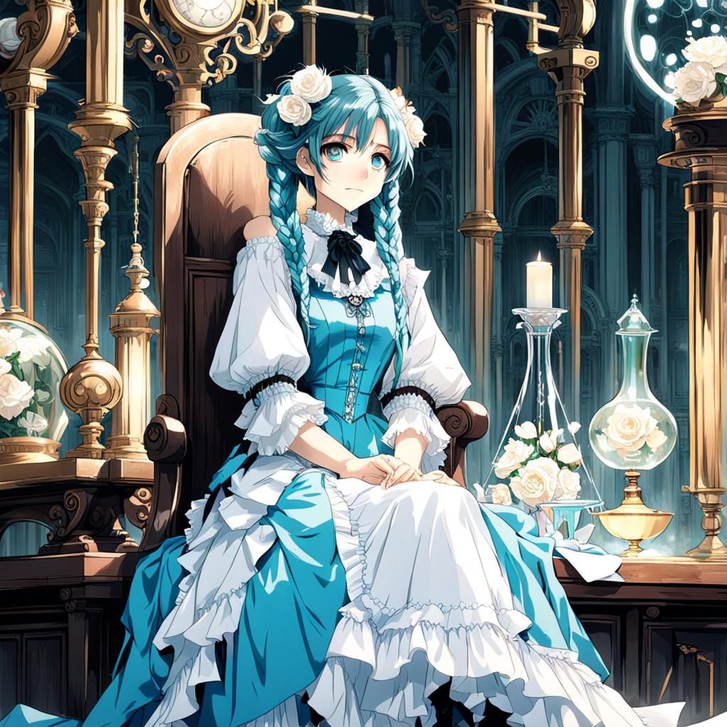 Anime Girl in Victorian Lab with Cyan Pigtails