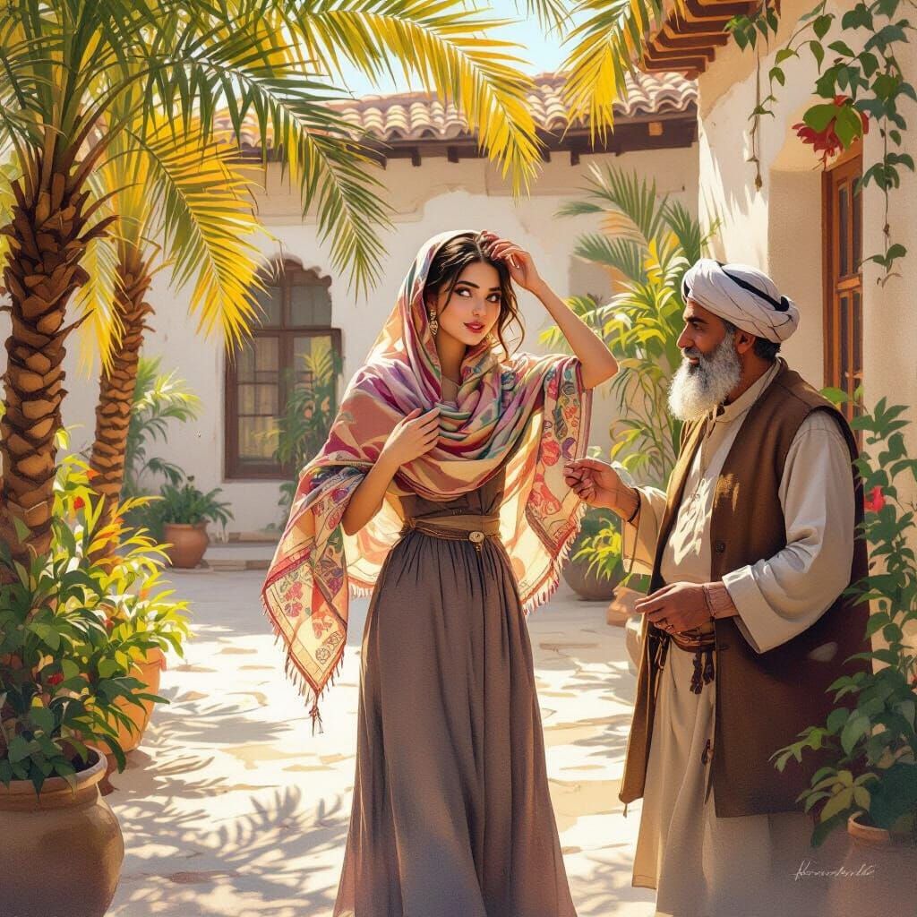 Humorous Turkish Courtyard Scene with Woman and Man