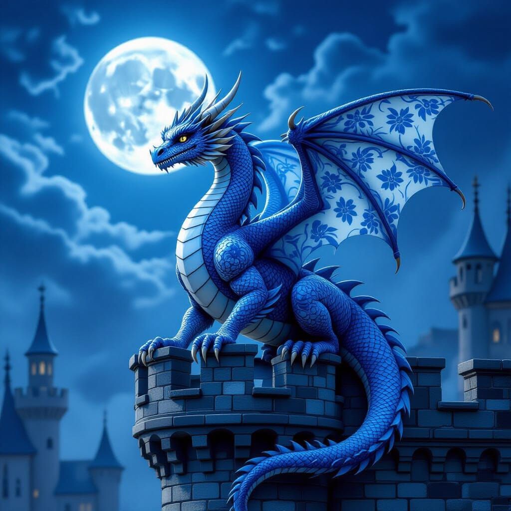 Delftware Dragon Perched on Castle Parapet