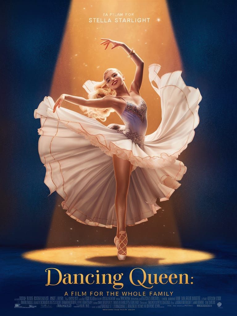 A movie poster of a pretty female dancer wearing chiffon and silk, dancing in a spotlight, with the words “Dancing Queen...