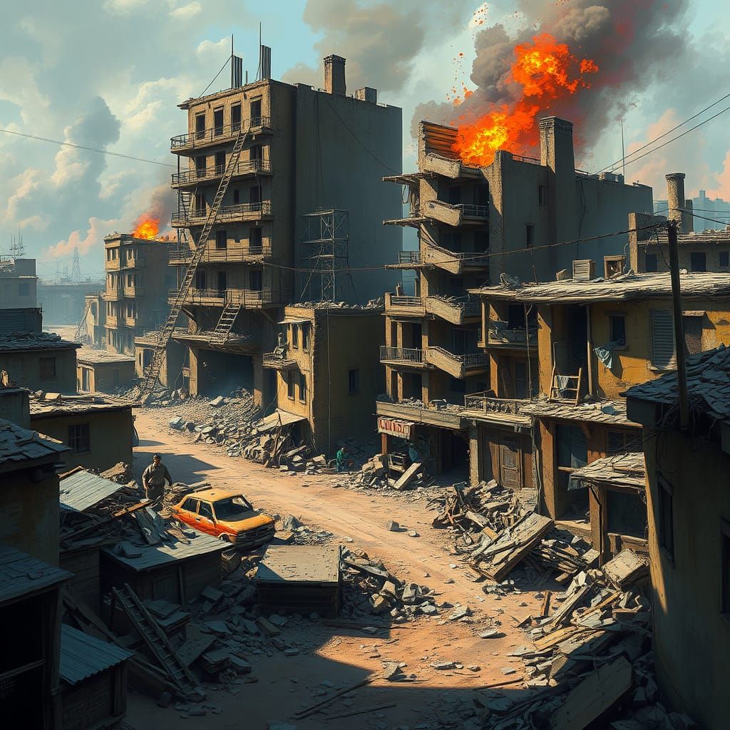 Devastated War Town in Hyperrealistic Style