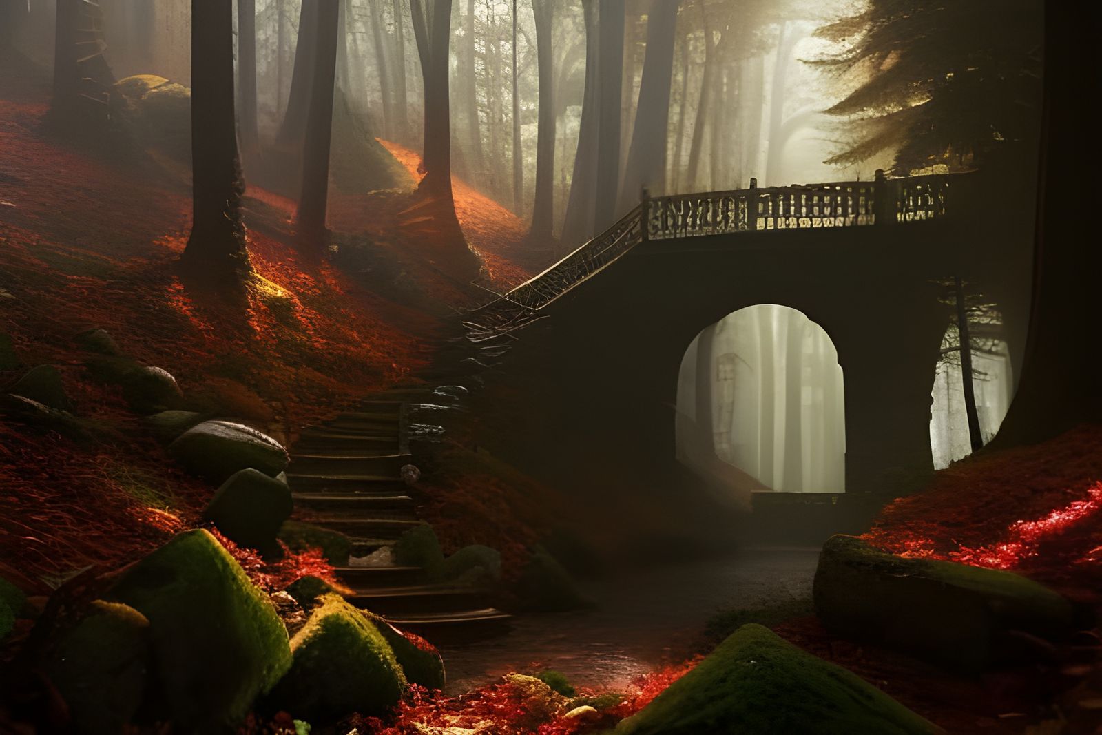 Autumn Forest Stone Stairs: Fantasy Digital Painting