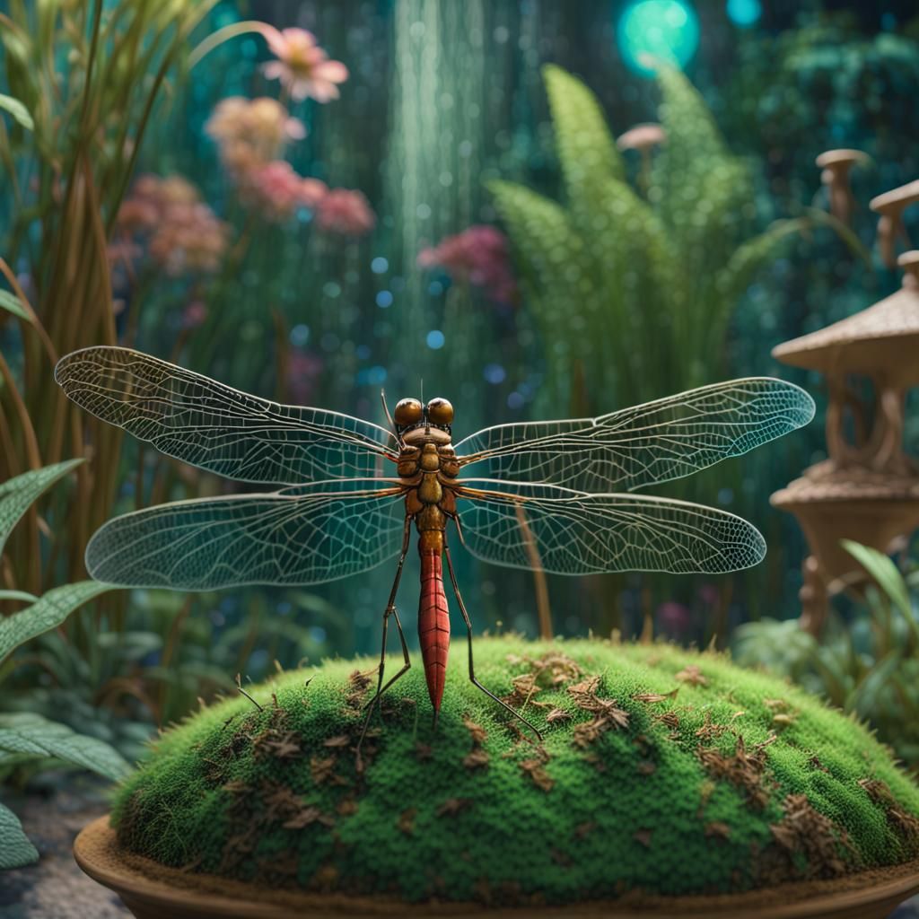 Delicate, highly detailed, iridescent dragonfly in the foreground of a detailed iridescent miniature garden, evoking the...