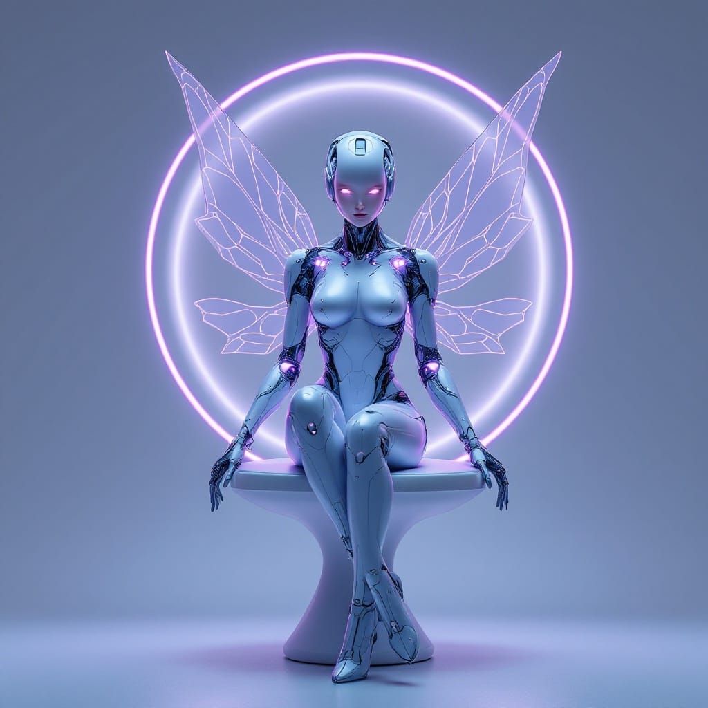 Futuristic Fairy Robot Exudes Calm Authority on Modern Mushr...