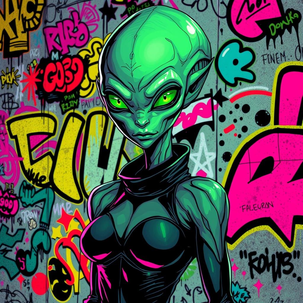 Female Alien Before Graffiti Wall in Comic Book Style