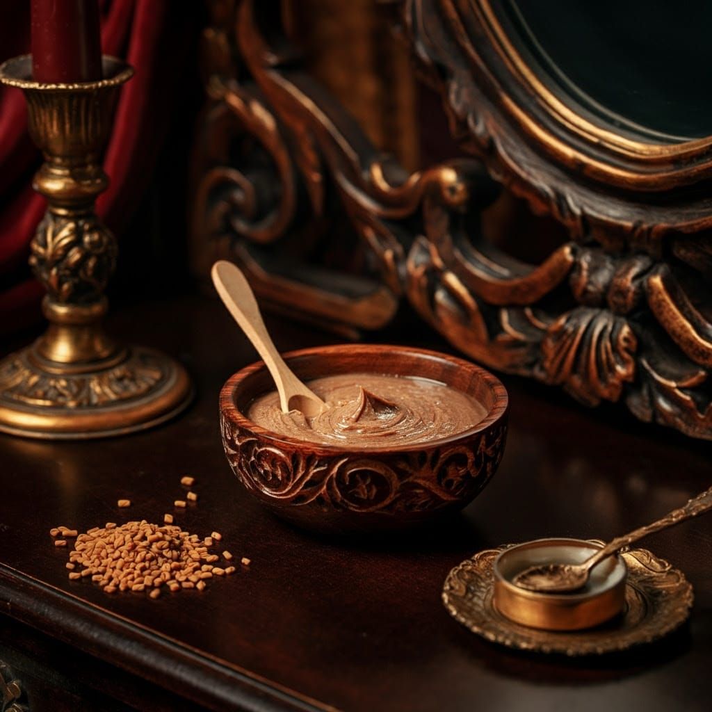 Medieval Hair Mask in Golden Wooden Bowl