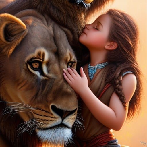 Girl Hugs Lion in Golden Age Illustration Style