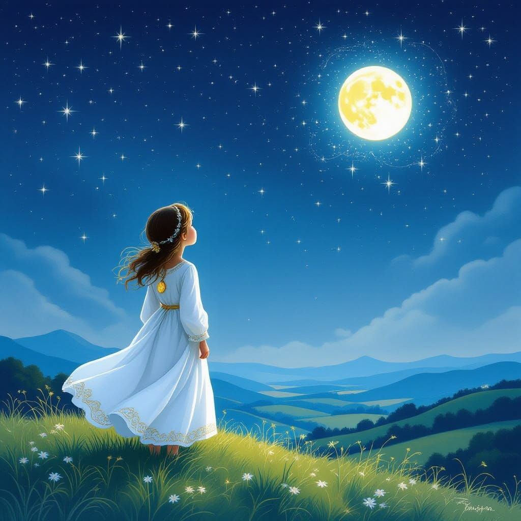 Young Girl Under Starry Night Sky, Guided by Ethereal Light