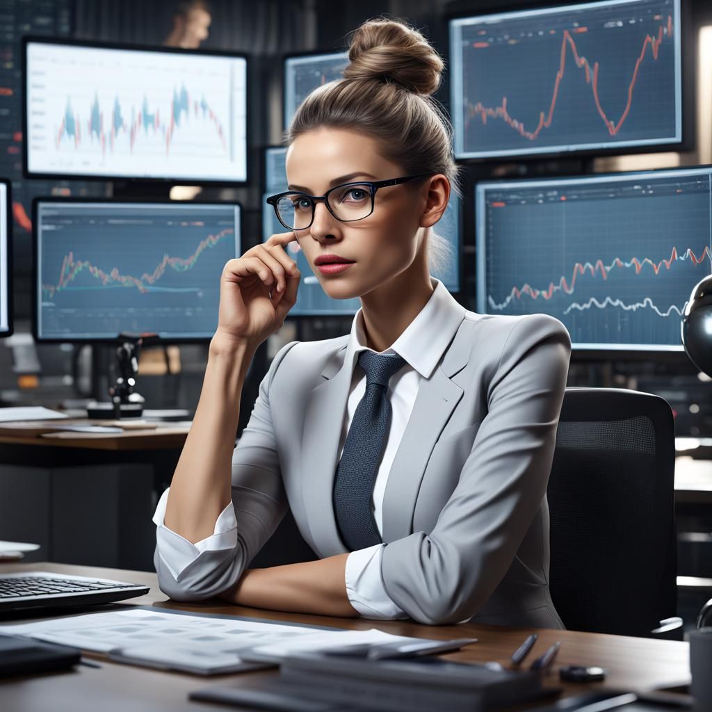 Beautiful Businesswoman in Trading Room, Detailed Matte Pain...