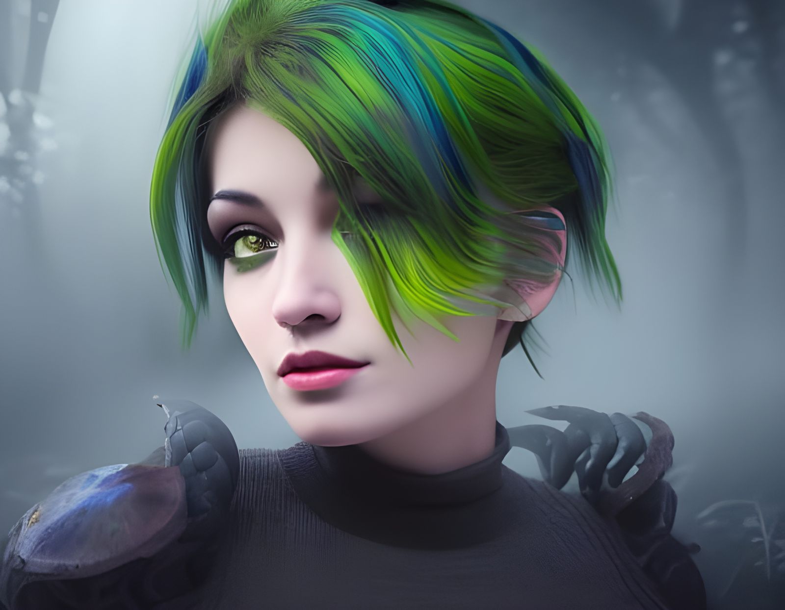 Energetic Green-Haired Character in Magical Forest