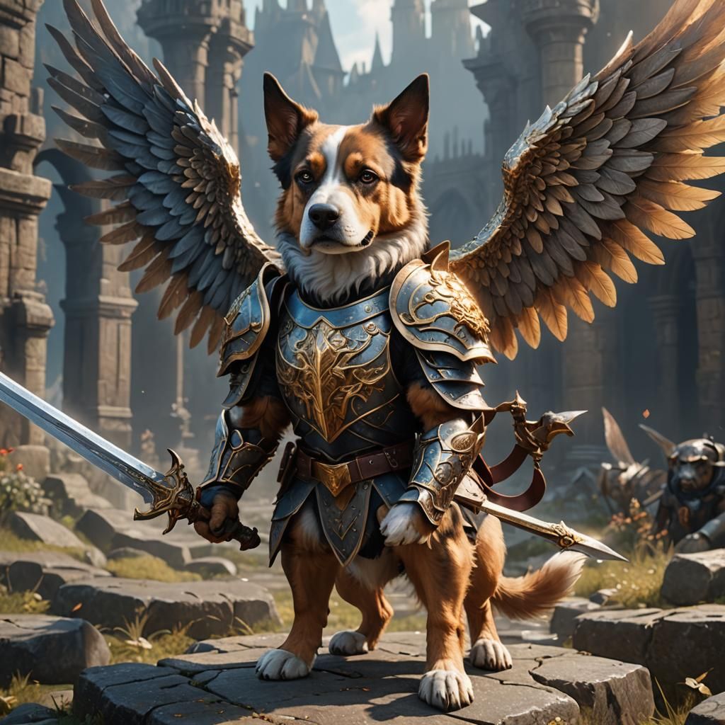Winged Armored Dog with Sword: Fantasy Concept Art