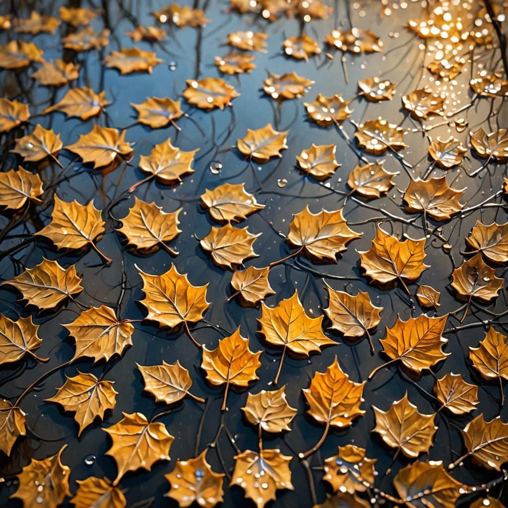 Dew-Kissed Autumn Leaves Reflecting Trees, Monet Style