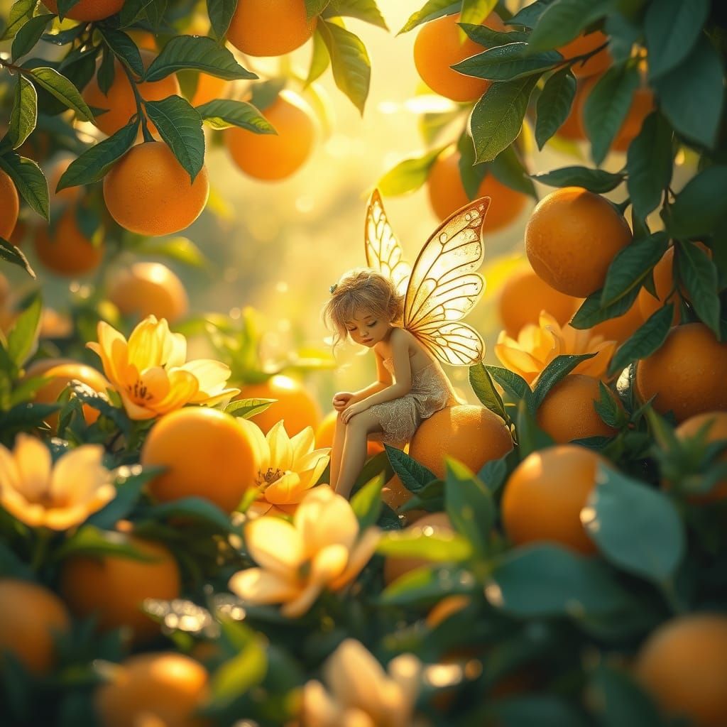 Enchanting Fairy in Sunlit Orange Garden