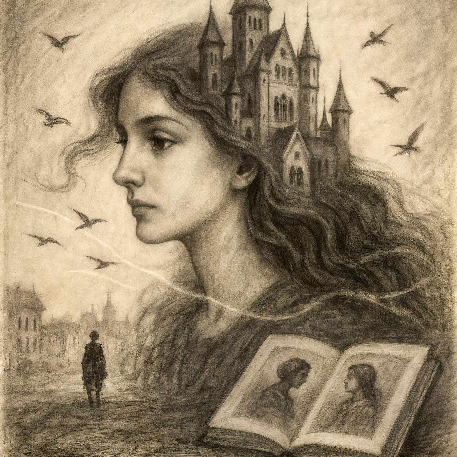 Surreal Charcoal Drawing of Gothic Castle Emergence