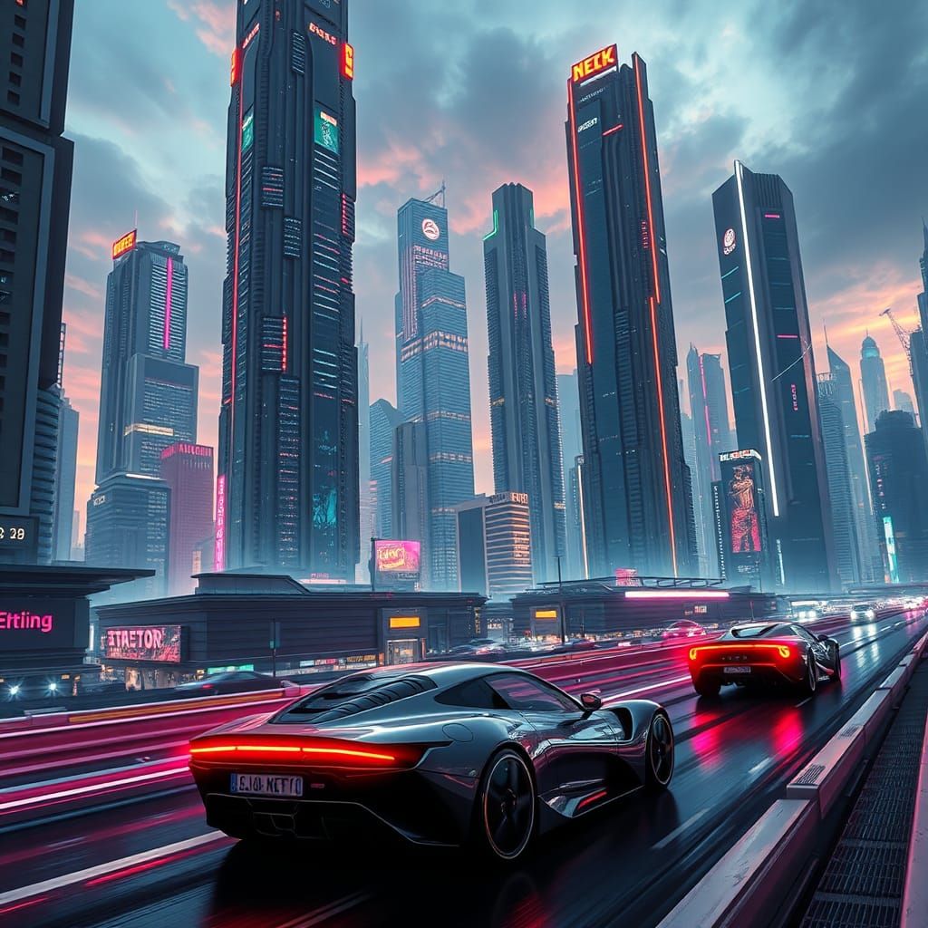 Futuristic Neon Cityscape with High-Tech Cars
