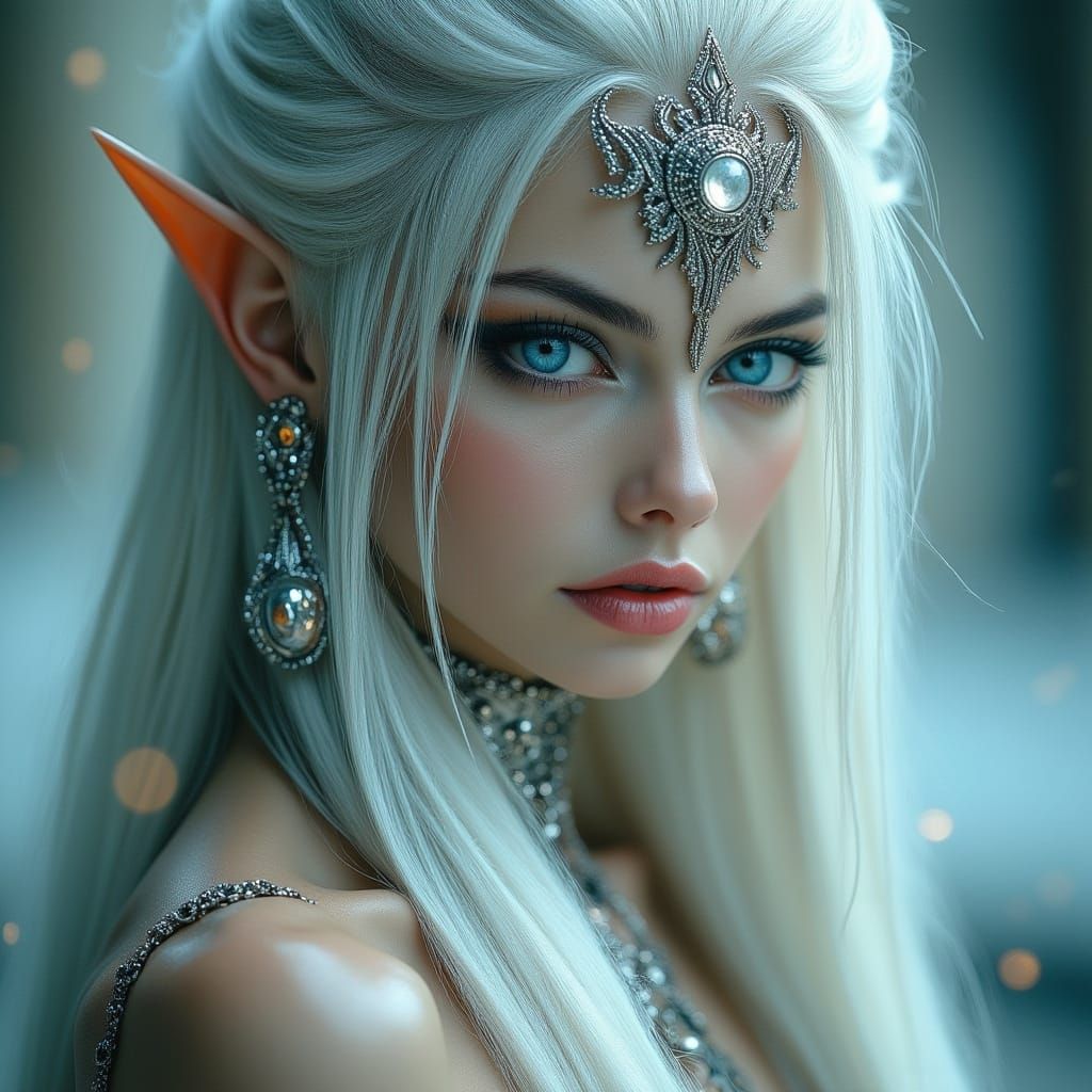 Fierce Elf Portrait with Silver Hair and Piercing Eyes