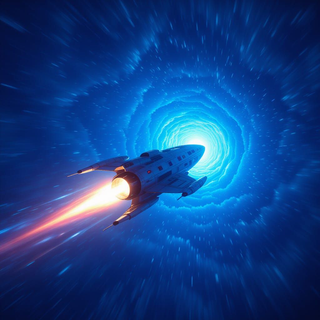 Spaceship Approaching Light Speed Through Blue Tunnel