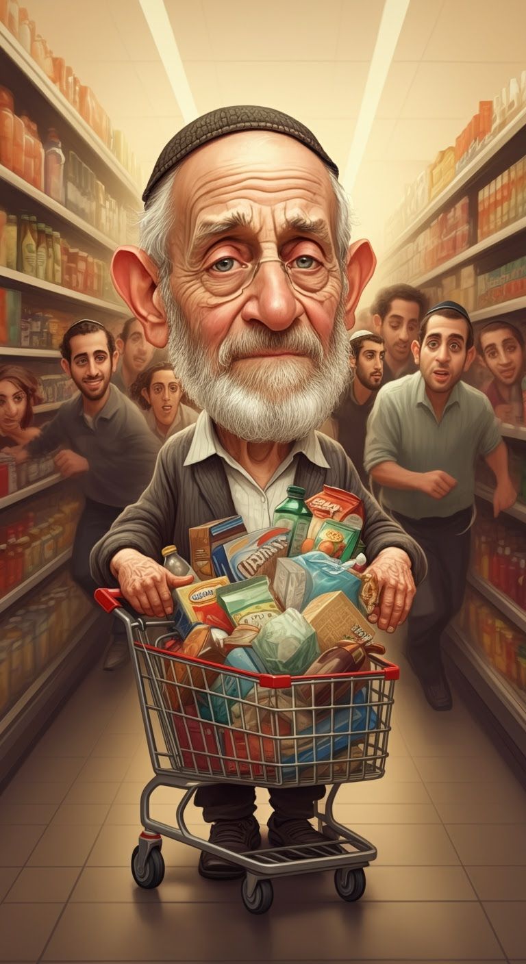 Elderly Zionist Man in Chaotic Supermarket as Caricature Pai...